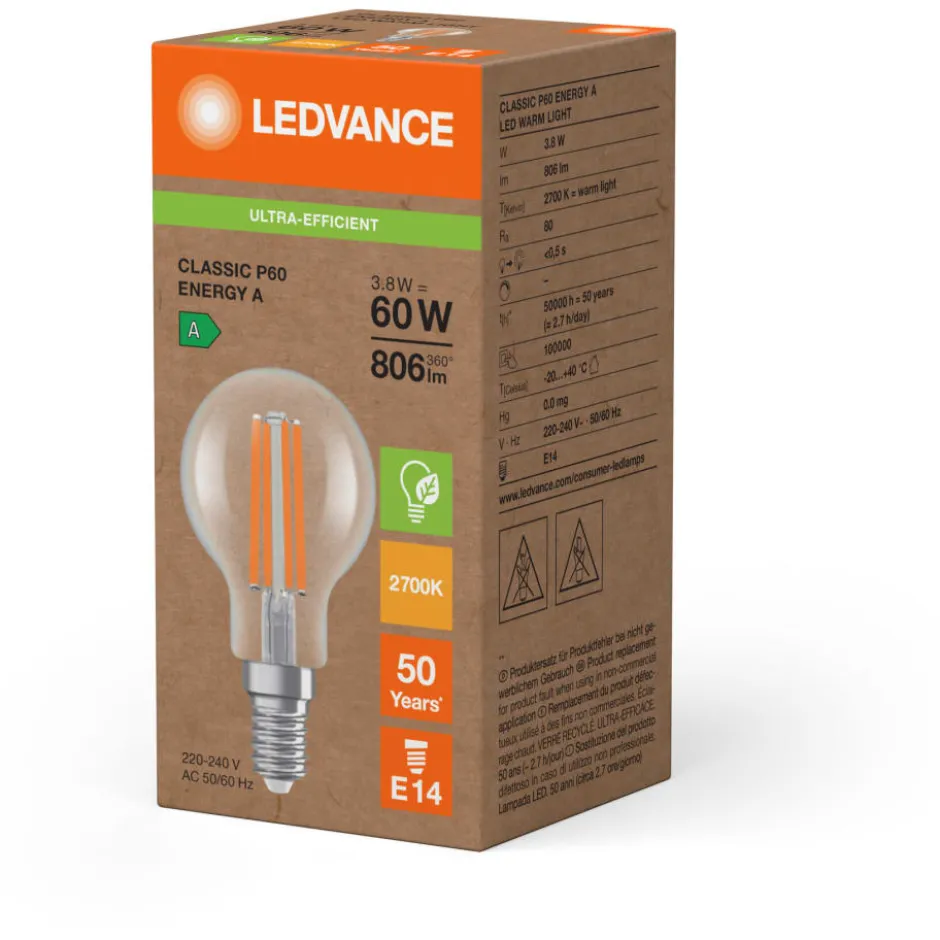 Ledvance Classic E14 kronepære, 2700K, 3,8W