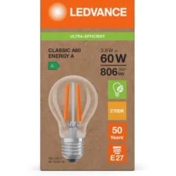 Ledvance Ultra Efficient E27 standardpære, 3000K, 3,8W