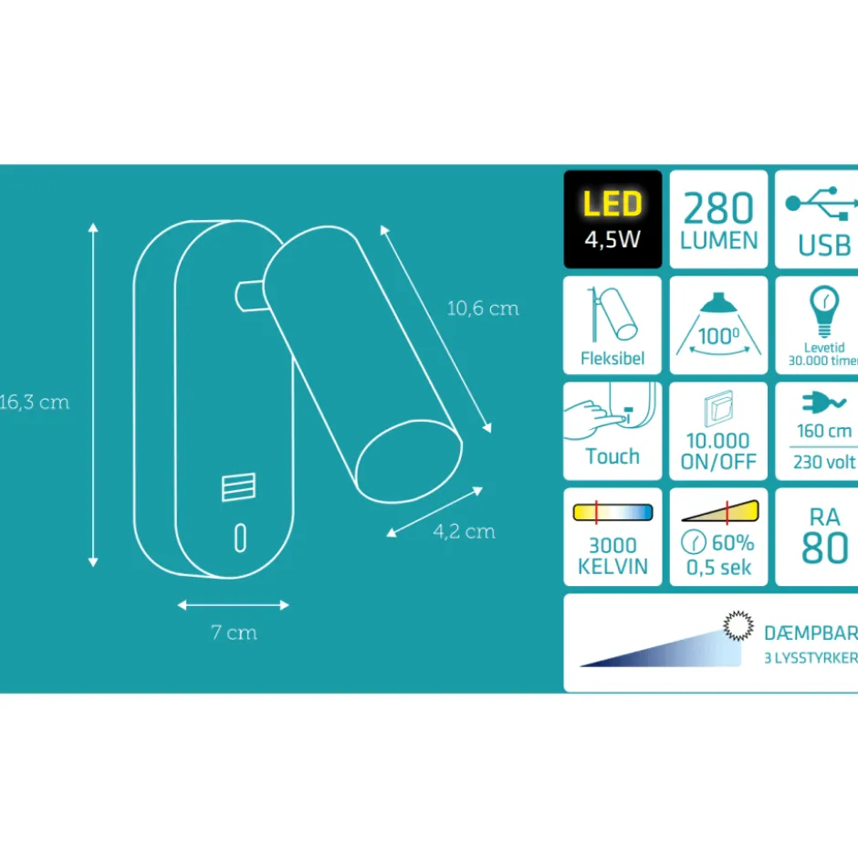 Nielsen Light Ego væglampe med USB, hvid