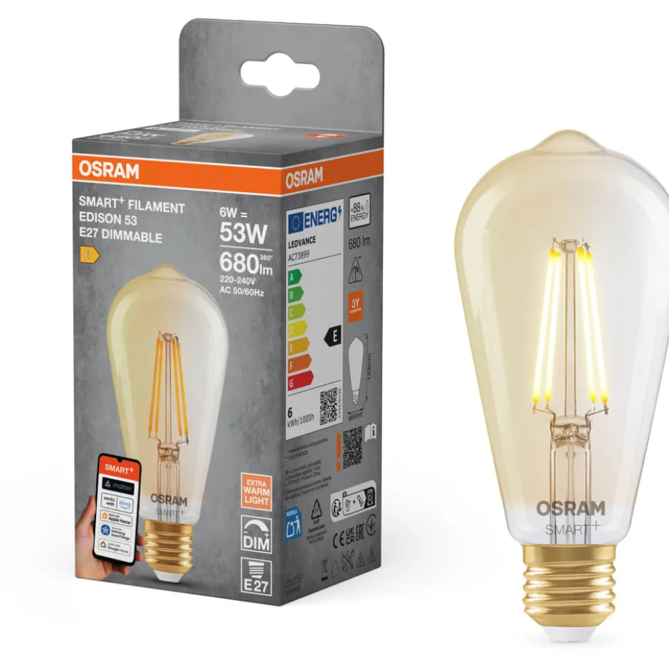 Osram Smart+ Wifi Matter E27 edisonpære, 2400K, 6W