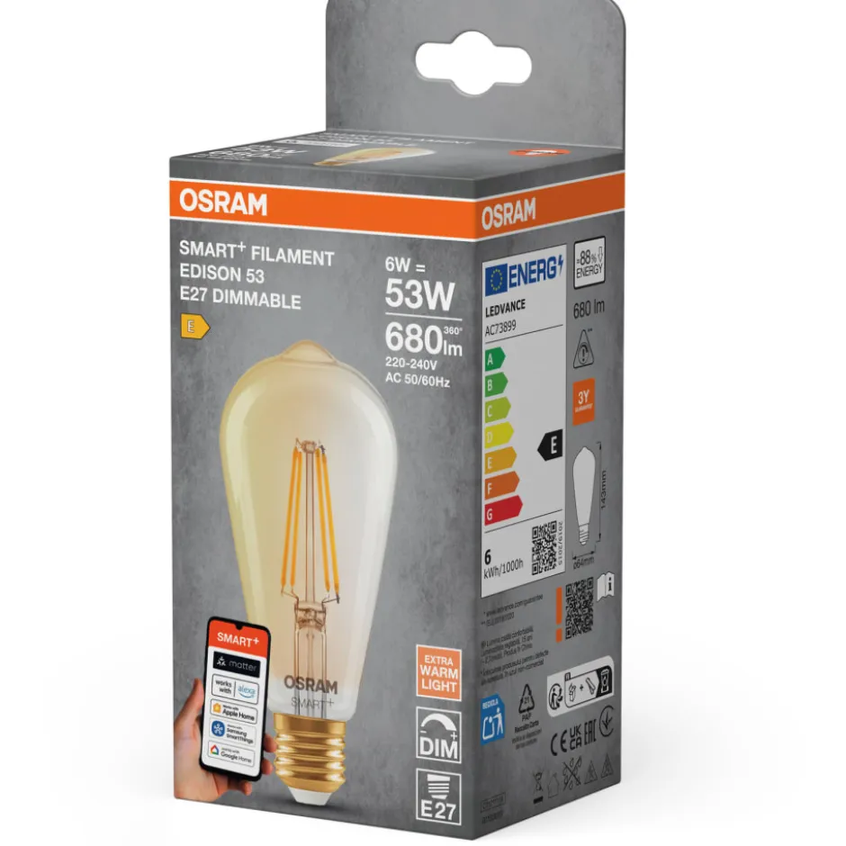 Osram Smart+ Wifi Matter E27 edisonpære, 2400K, 6W