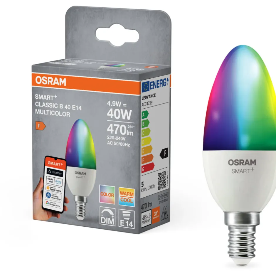 Osram Smart+ Wifi Matter E14 kertepære, farveskift, 4,9W
