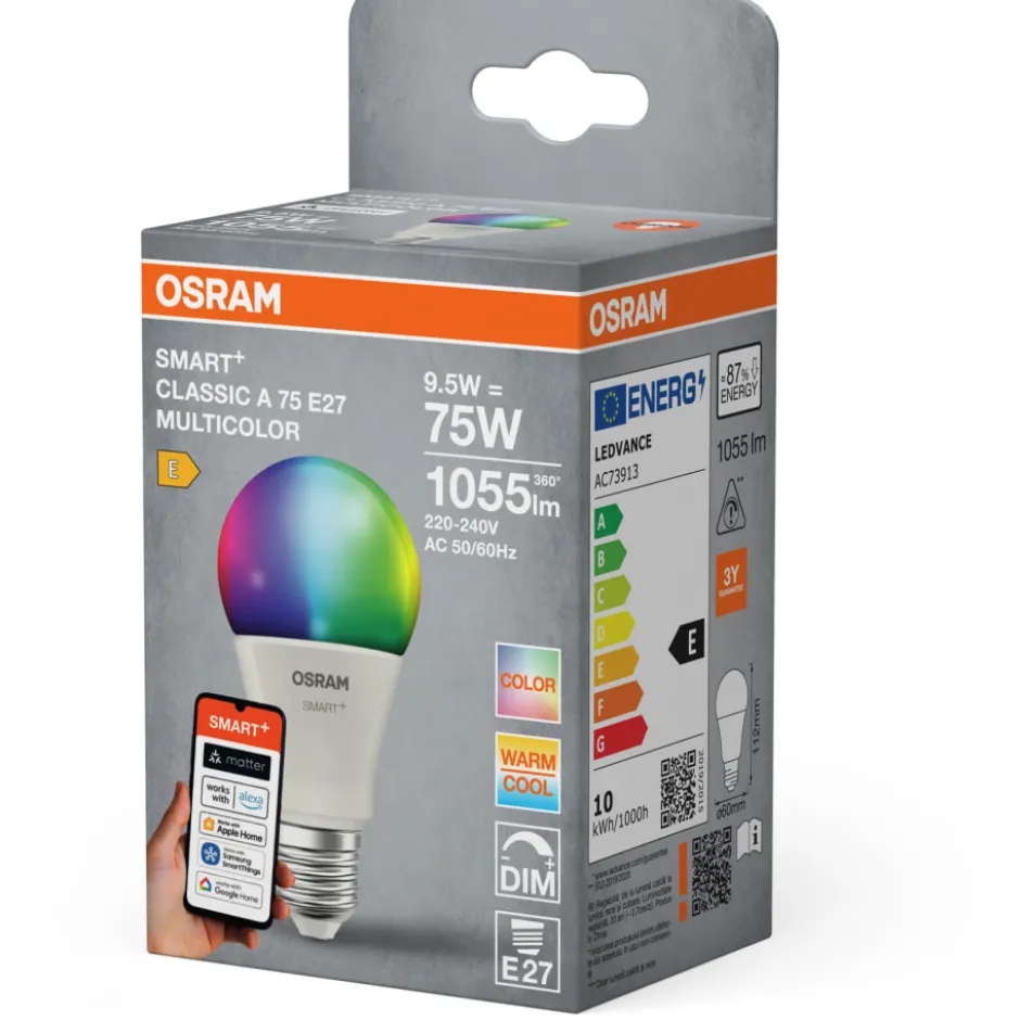 Osram Smart+ Wifi Matter E27 standardpære, farveskift, 9,5W