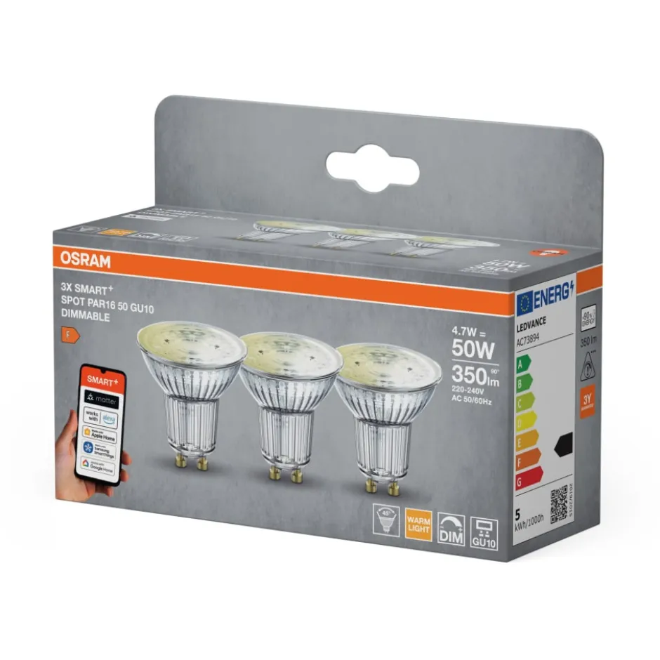 Osram Smart+ Wifi Matter GU10 spotpære, 2700K, 4,7W, 3-pak