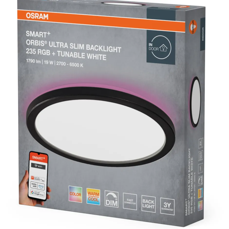 Osram Smart+ Wifi Ultra Slim Backlight plafond, farveskift + hvid, sort, Ø23,5 cm