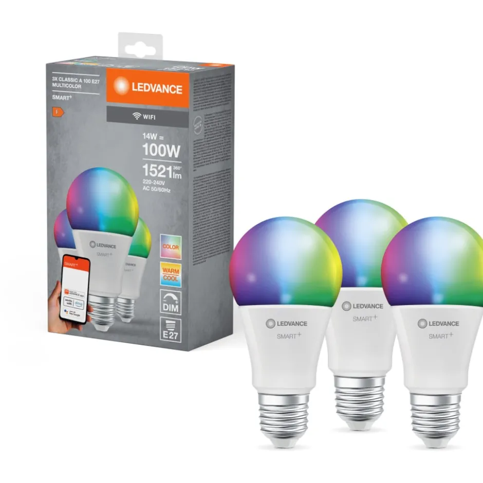 3 stk Ledvance Smart+ Wifi E27 standardpære, 2700K-6500K, 14W, 3-pak