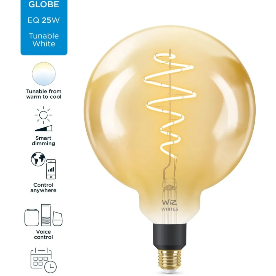 2 stk Wiz E27 globepære, 2000K-5000K, 6W, Ø20 cm