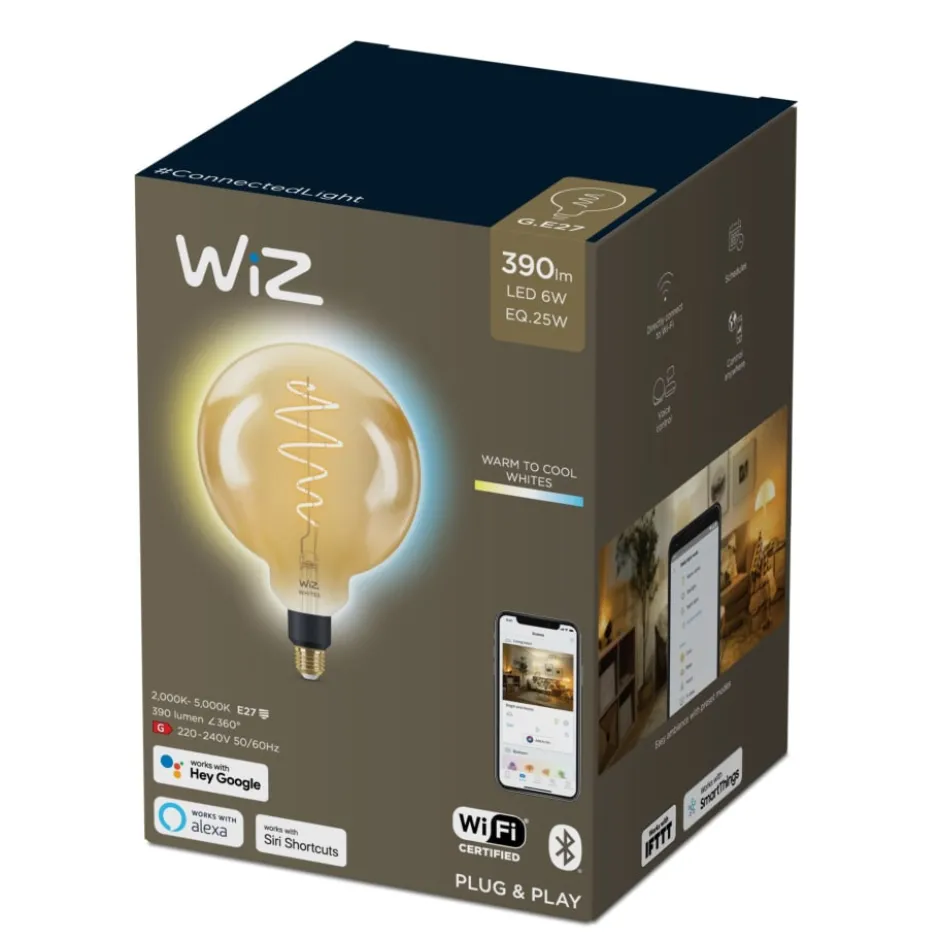 2 stk Wiz E27 globepære, 2000K-5000K, 6W, Ø20 cm