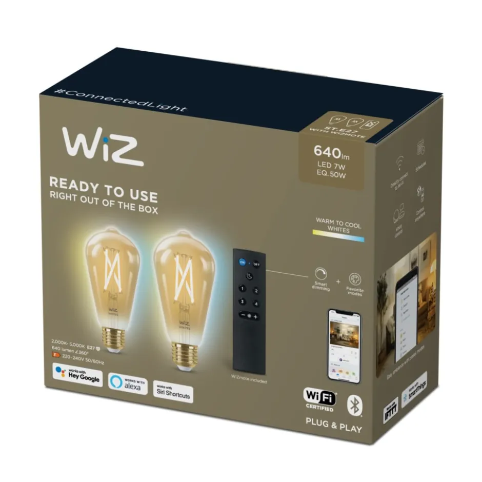 Wiz E27 rørpære med fjernbetjening, 2000K-5000K, 7W, 2-pak