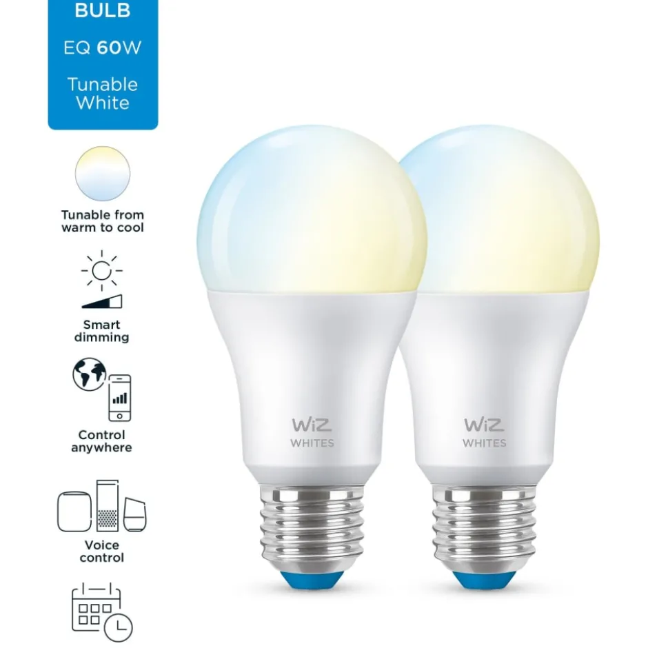 Wiz E27 standardpære, 2700K-6500K, 8W, 2-pak